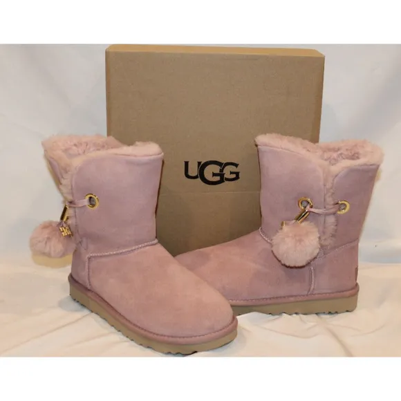 UGG WOMEN'S IRINA STAR CHARM BAILEY POM‎ SUEDE SHEARLING ANKLE BOOTS PINK