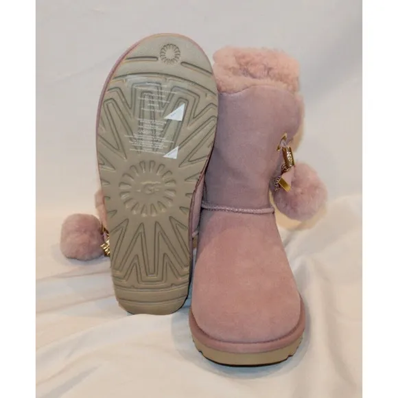 UGG WOMEN'S IRINA STAR CHARM BAILEY POM‎ SUEDE SHEARLING ANKLE BOOTS PINK