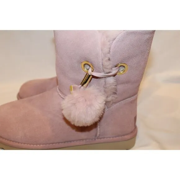 UGG WOMEN'S IRINA STAR CHARM BAILEY POM‎ SUEDE SHEARLING ANKLE BOOTS PINK