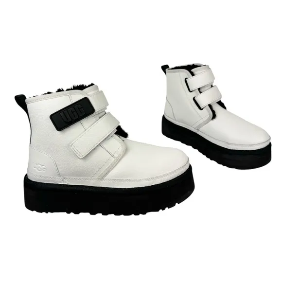 UGG Womens Neumel Platform Leather Boots Sz 6 White Straps Lined