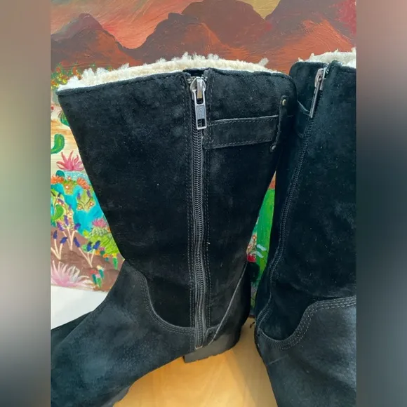 UGGS Side Zipper Suede Boots, Shearling Lining, N 1912, Black, Women's Size 10