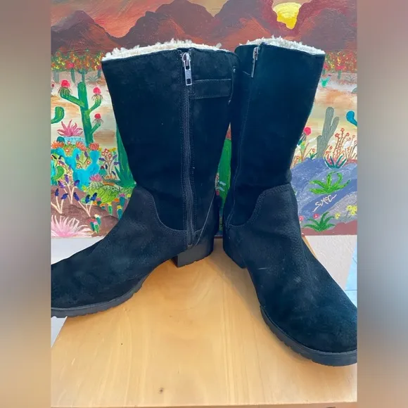 UGGS Side Zipper Suede Boots, Shearling Lining, N 1912, Black, Women's Size 10