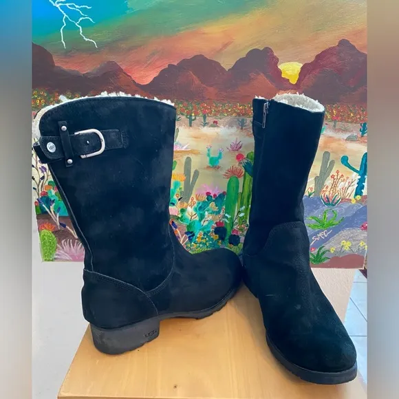 UGGS Side Zipper Suede Boots, Shearling Lining, N 1912, Black, Women's Size 10
