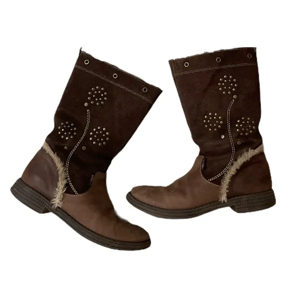 UMI girl leather upper studded brown boots size 1.5, Euro 33, water resistant