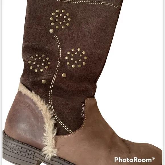 UMI girl leather upper studded brown boots size 1.5, Euro 33, water resistant