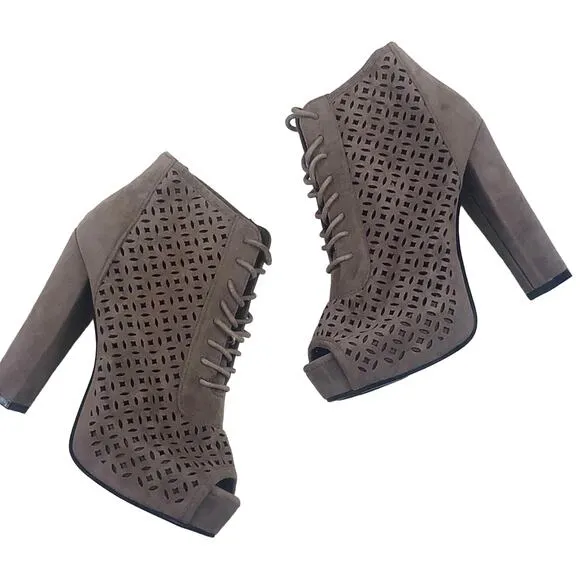UO Delicacy Kobe Taupe Suede Lace Up Peep Toe Ankle Boots Heel Bootie 7.5