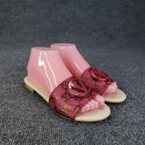 Valentino Sandals Womens Size 7 Pink Slip On Logo Fuxia Casual Flat Logo Emblem