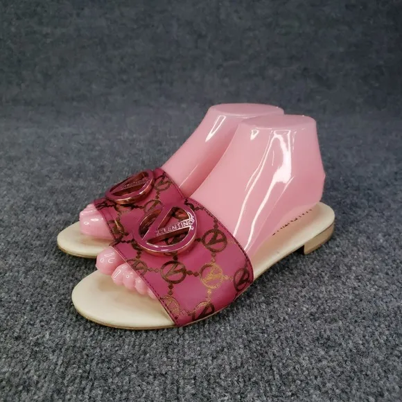 Valentino Sandals Womens Size 7 Pink Slip On Logo Fuxia Casual Flat Logo Emblem