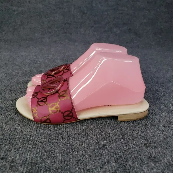Valentino Sandals Womens Size 7 Pink Slip On Logo Fuxia Casual Flat Logo Emblem