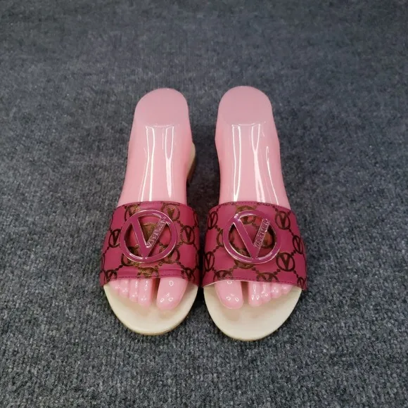 Valentino Sandals Womens Size 7 Pink Slip On Logo Fuxia Casual Flat Logo Emblem