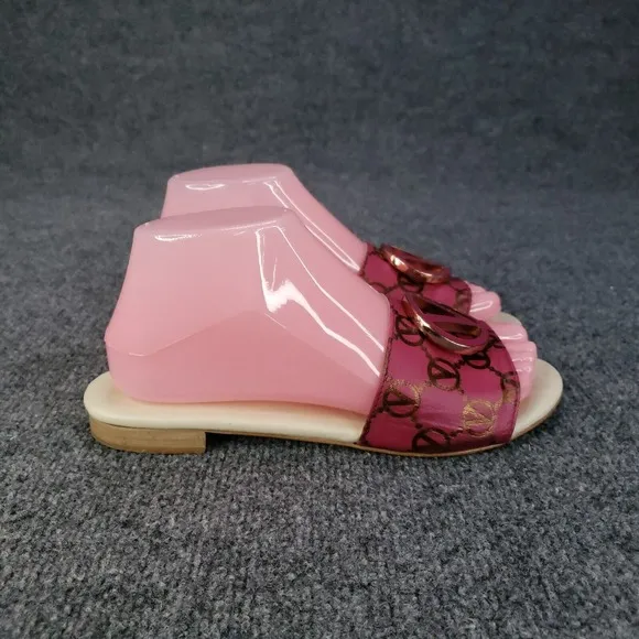 Valentino Sandals Womens Size 7 Pink Slip On Logo Fuxia Casual Flat Logo Emblem