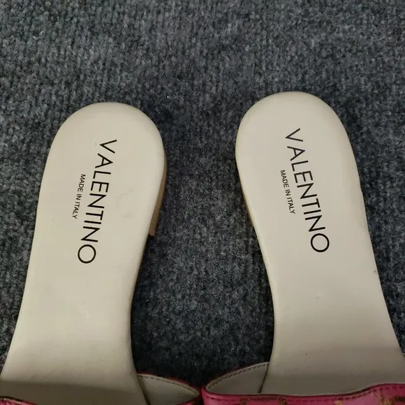 Valentino Sandals Womens Size 7 Pink Slip On Logo Fuxia Casual Flat Logo Emblem