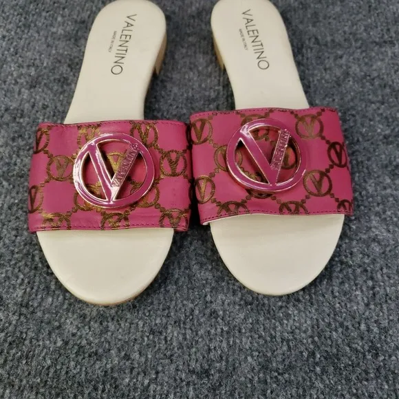 Valentino Sandals Womens Size 7 Pink Slip On Logo Fuxia Casual Flat Logo Emblem