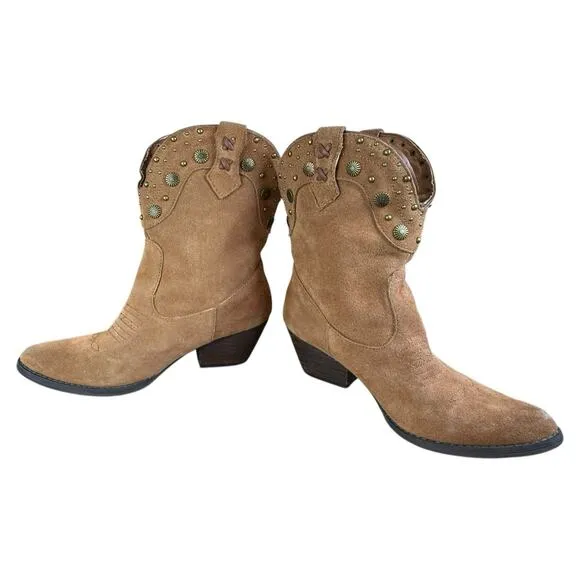 Very Volatile Brown Suede Fringe Western Cowboy Boots Studded Tassel Sz 7