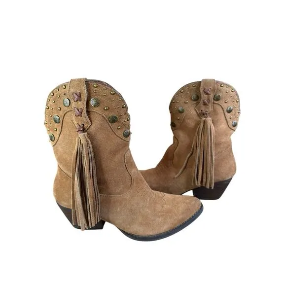 Very Volatile Brown Suede Fringe Western Cowboy Boots Studded Tassel Sz 7