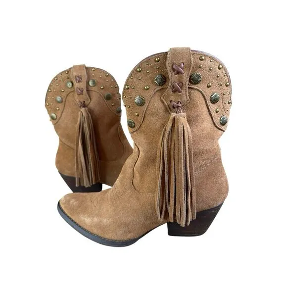 Very Volatile Brown Suede Fringe Western Cowboy Boots Studded Tassel Sz 7
