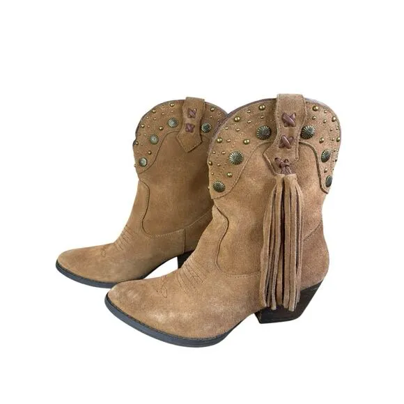 Very Volatile Brown Suede Fringe Western Cowboy Boots Studded Tassel Sz 7