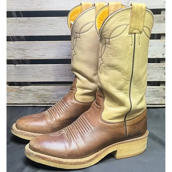 Vintage NOCONA Mens Size 5 B Beige Brown Leather Cowboy Western Boots