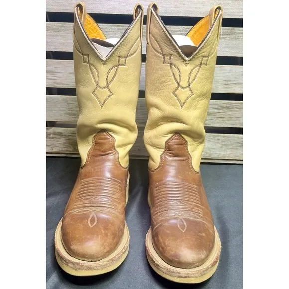 Vintage NOCONA Mens Size 5 B Beige Brown Leather Cowboy Western Boots