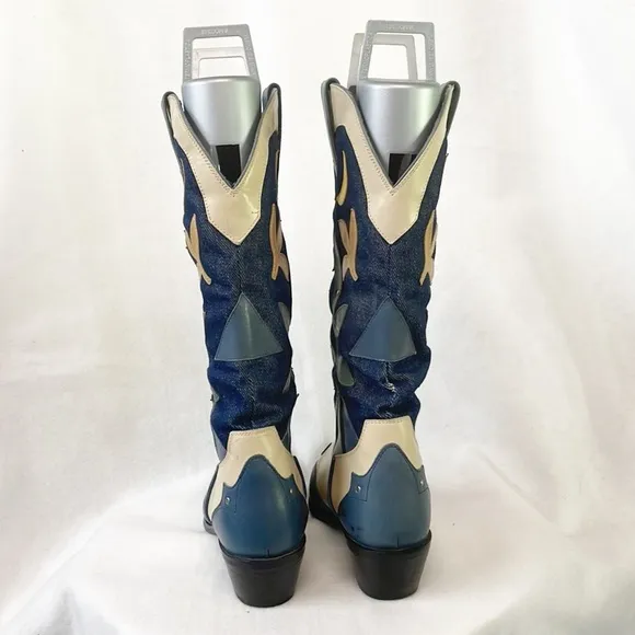 Vintage Rare Acme Women 10M Denim Genuine Leather Western Boots Floral Applique