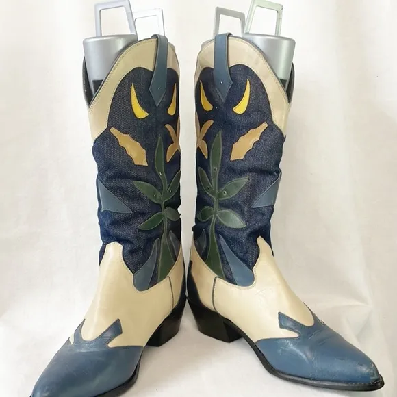 Vintage Rare Acme Women 10M Denim Genuine Leather Western Boots Floral Applique