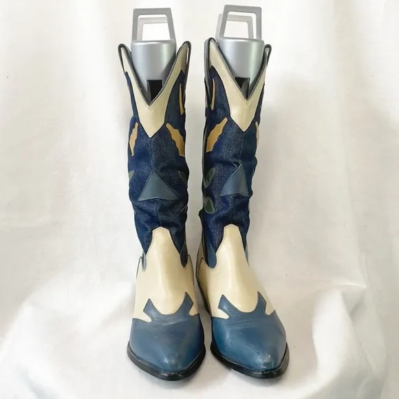 Vintage Rare Acme Women 10M Denim Genuine Leather Western Boots Floral Applique