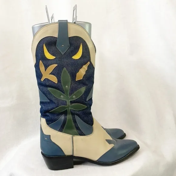 Vintage Rare Acme Women 10M Denim Genuine Leather Western Boots Floral Applique