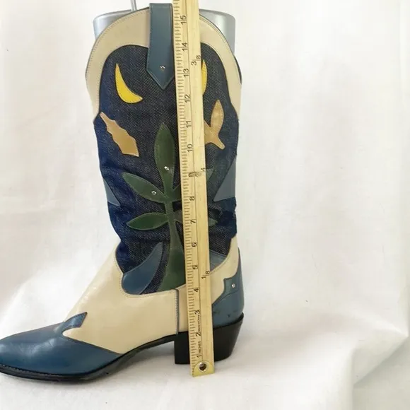 Vintage Rare Acme Women 10M Denim Genuine Leather Western Boots Floral Applique