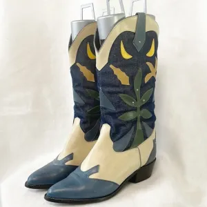 Vintage Rare Acme Women 10M Denim Genuine Leather Western Boots Floral Applique