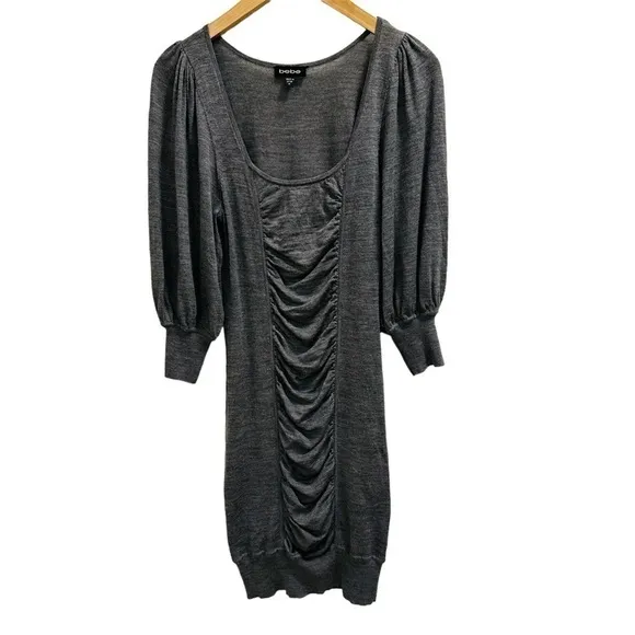 Vintage Y2K Bebe Gray scrunched Puff sleeves Sweater Dress Sz Medium grunge