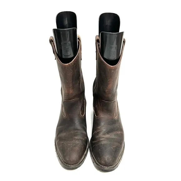 Vintage Y2K dark brown nubuck leather low rise heavy duty roper boots
