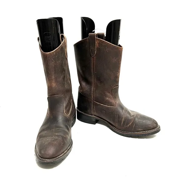 Vintage Y2K dark brown nubuck leather low rise heavy duty roper boots