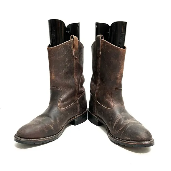 Vintage Y2K dark brown nubuck leather low rise heavy duty roper boots