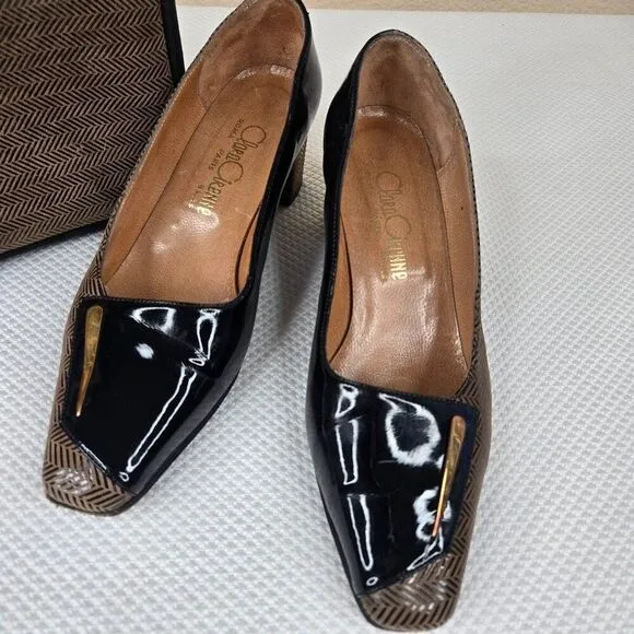 Vintage 60s Mod Patent Leather Shoes Size 6 Black Beige Chevron Matching Bag