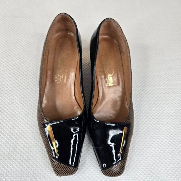 Vintage 60s Mod Patent Leather Shoes Size 6 Black Beige Chevron Matching Bag