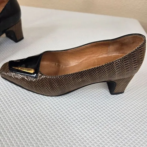 Vintage 60s Mod Patent Leather Shoes Size 6 Black Beige Chevron Matching Bag
