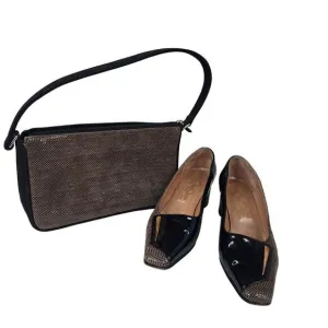 Vintage 60s Mod Patent Leather Shoes Size 6 Black Beige Chevron Matching Bag