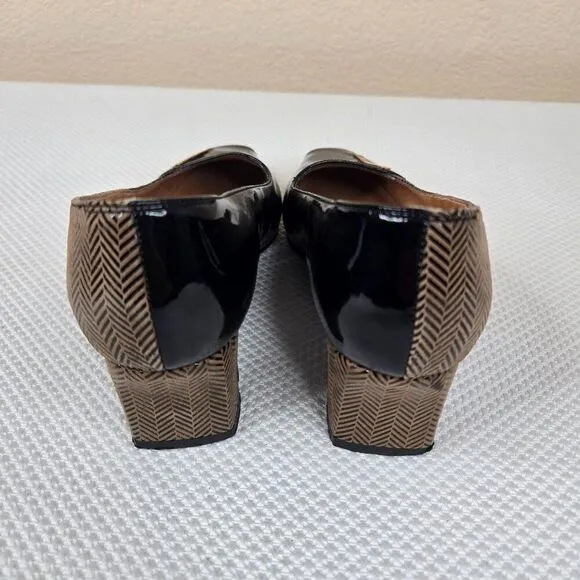Vintage 60s Mod Patent Leather Shoes Size 6 Black Beige Chevron Matching Bag