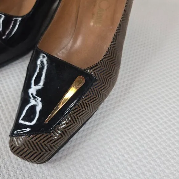 Vintage 60s Mod Patent Leather Shoes Size 6 Black Beige Chevron Matching Bag