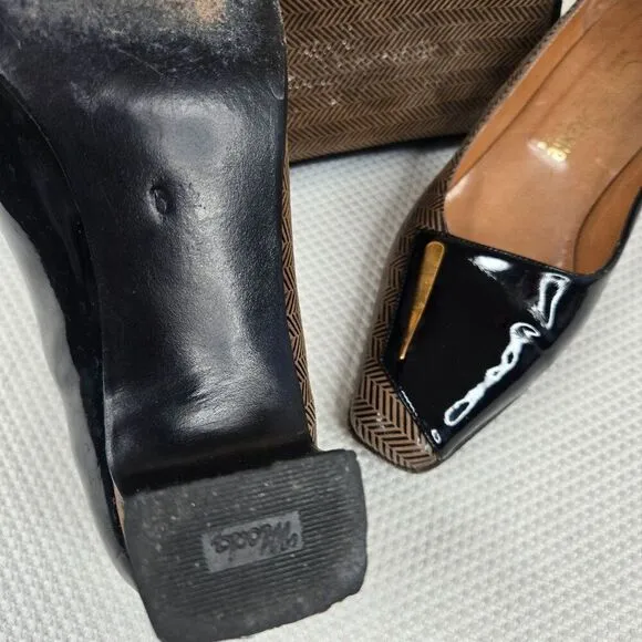 Vintage 60s Mod Patent Leather Shoes Size 6 Black Beige Chevron Matching Bag