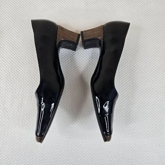 Vintage 60s Mod Patent Leather Shoes Size 6 Black Beige Chevron Matching Bag