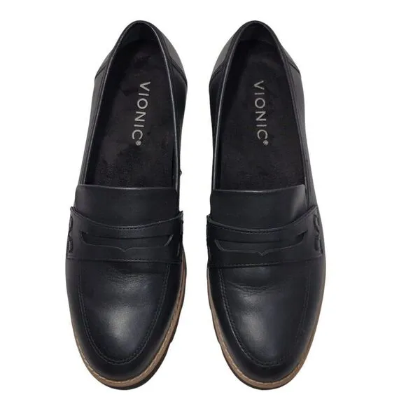 Vionic Cheryl II Loafer Shoes Women Size 6.5 Black Leather Penny Loafer Lug Sole