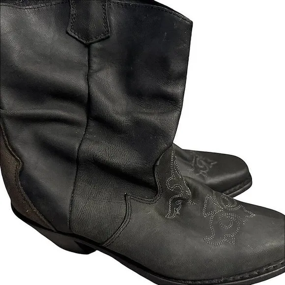 Western Womens Boots Black Leather Embroidered Accents Mid Calf Size 8