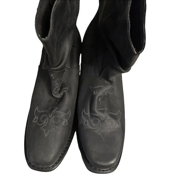 Western Womens Boots Black Leather Embroidered Accents Mid Calf Size 8