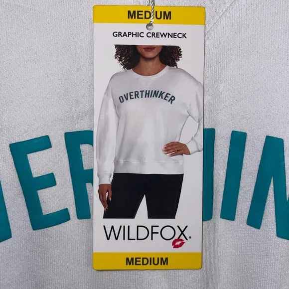 •WILDFOX•NWT LUCENT WHITE GRAPHIC &quot;OVERTHINKER&quot; CREWNECK SIZE MEDIUM