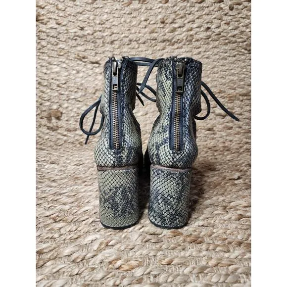 Womens 7 M Freebird Joyce Green Snakeskin Sandals Boots Leather Tie Heeled Shoes