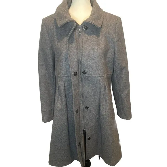 Women’s DKNY Gray Wool Blend Babydoll Peacoat Fully Lined Size 12 Petite MINT