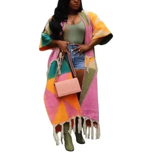 Women's Tassel Sweater Open Front Fringe Colorful Long Cardigan Poncho Sweater