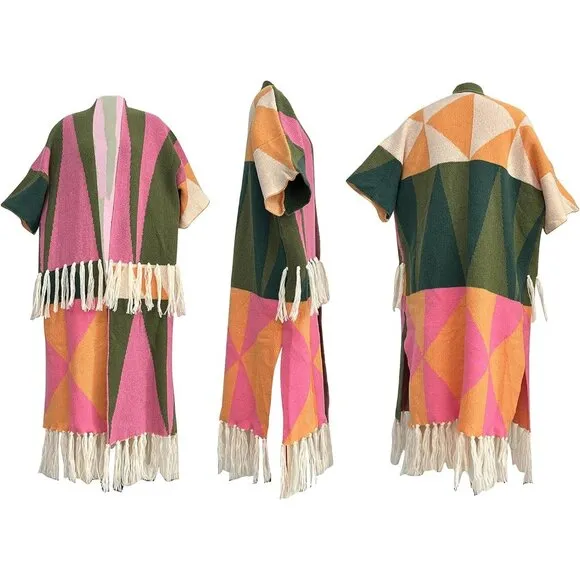 Women's Tassel Sweater Open Front Fringe Colorful Long Cardigan Poncho Sweater