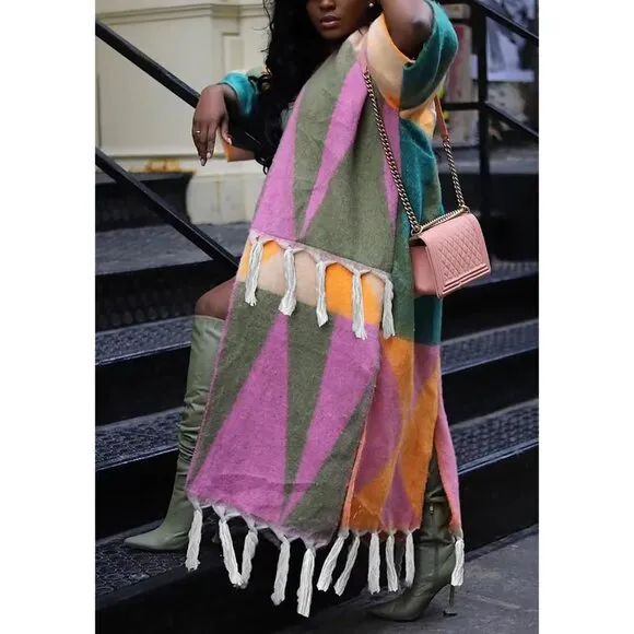 Women's Tassel Sweater Open Front Fringe Colorful Long Cardigan Poncho Sweater